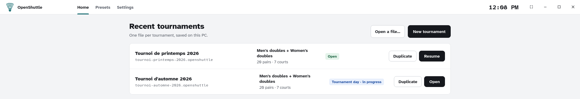 The OpenShuttle home screen: the list of recent tournaments with the New tournament and Open a file buttons