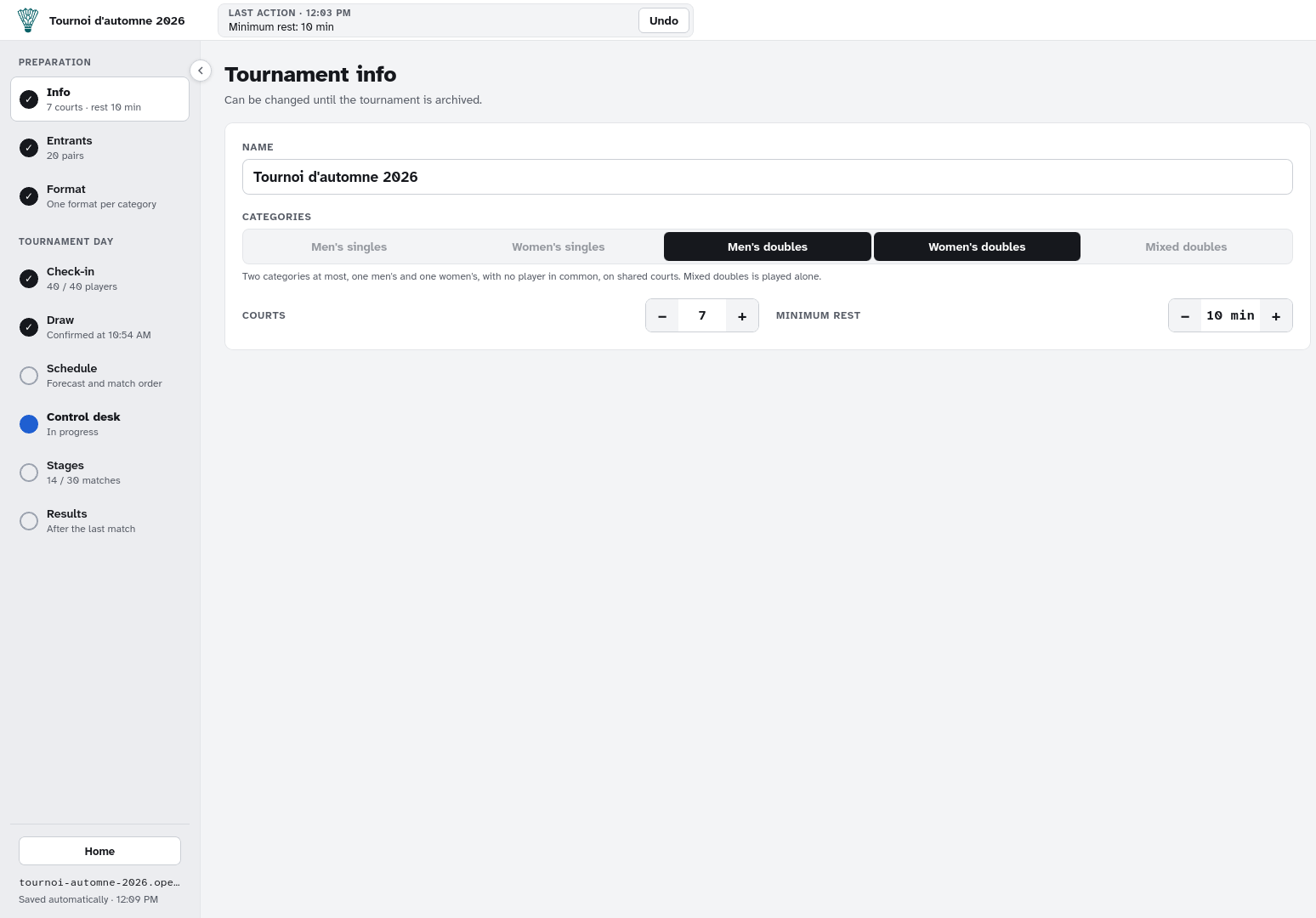 The Tournament info screen: the name, the Men’s doubles and Women’s doubles categories selected, 7 courts and a 10-minute minimum rest