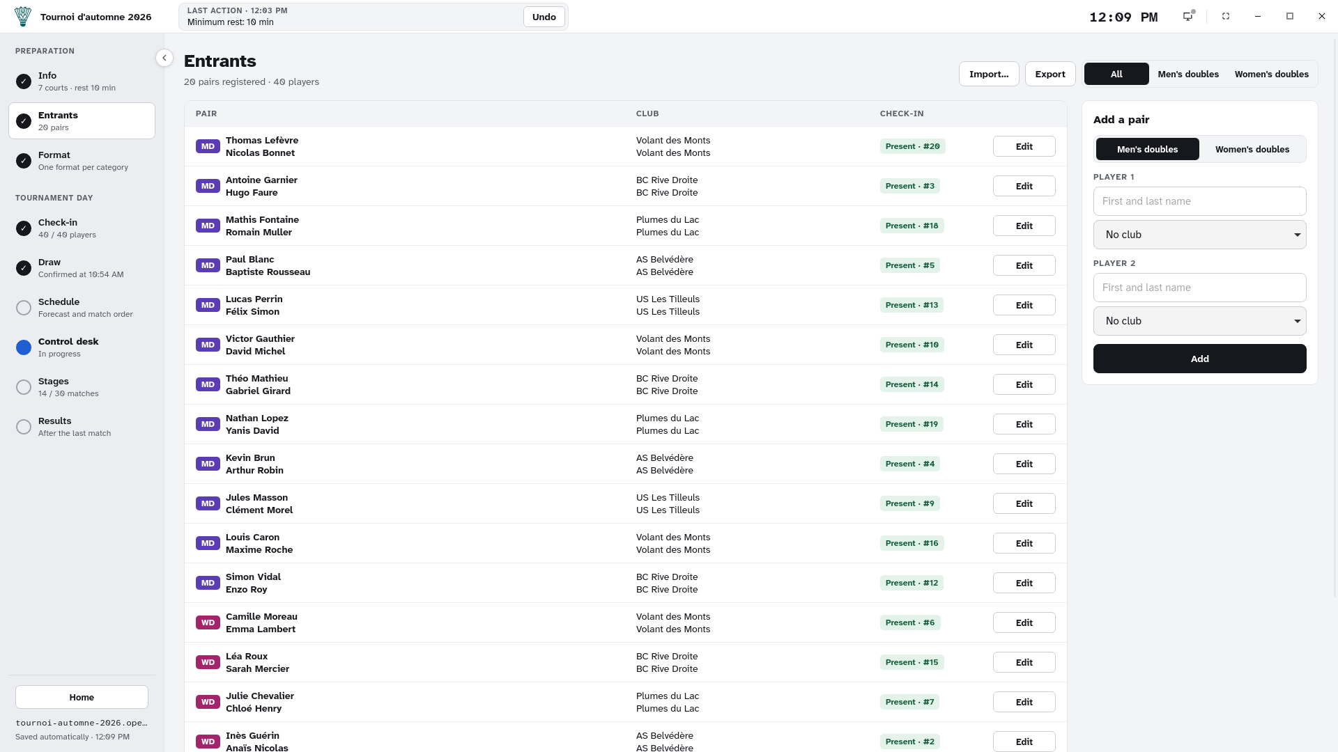 The Entrants screen: the list of pairs with their club and bib number, and the Add a pair form