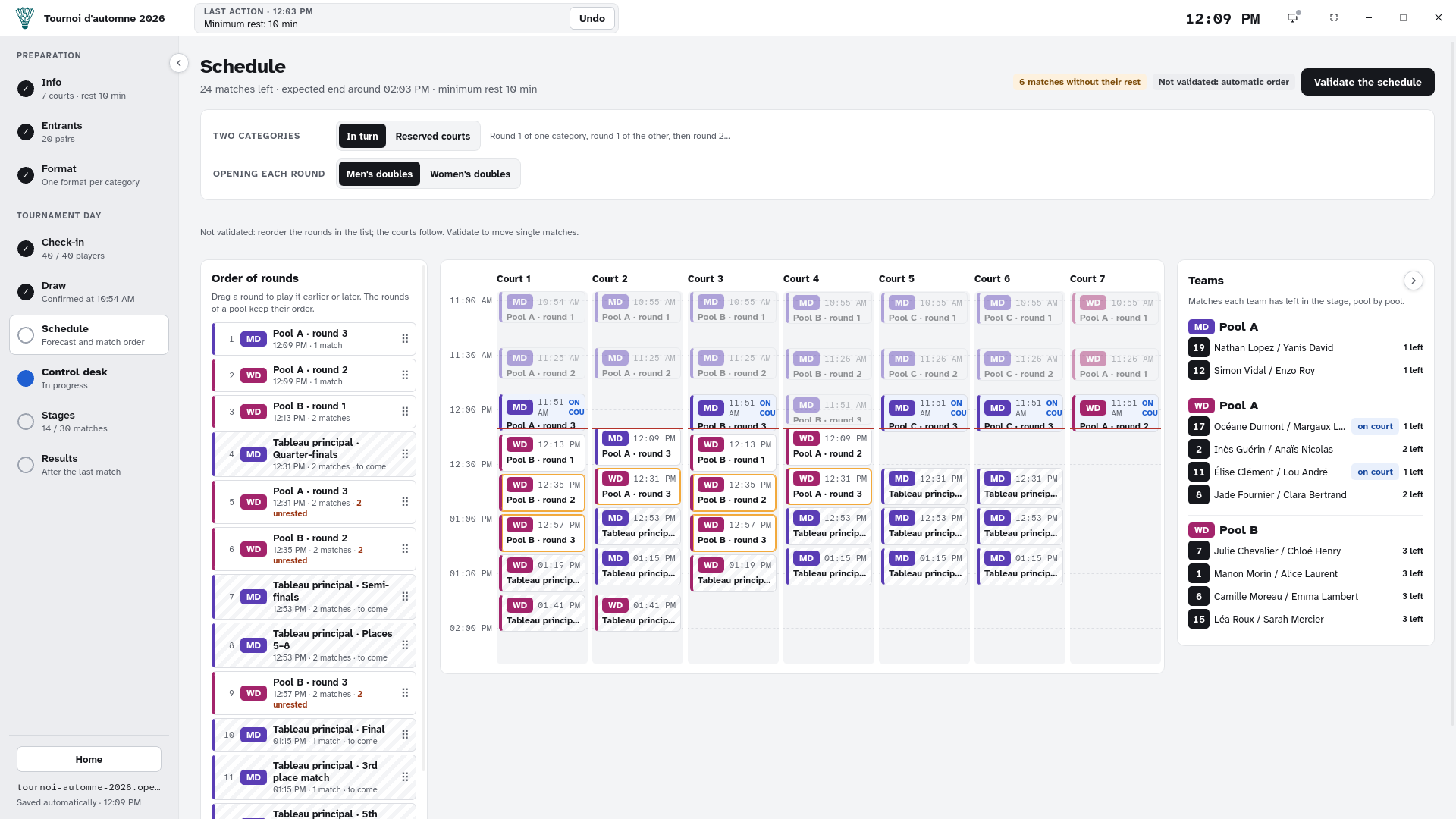 The schedule: the order of the rounds on the left, the court-by-court timeline in the middle and the matches left per team on the right