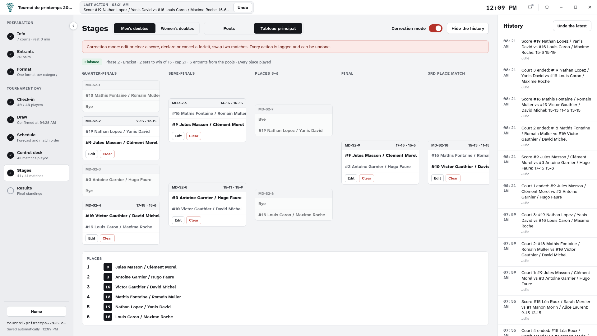 Correction mode on the main bracket: Edit and Clear buttons on a match, with the history